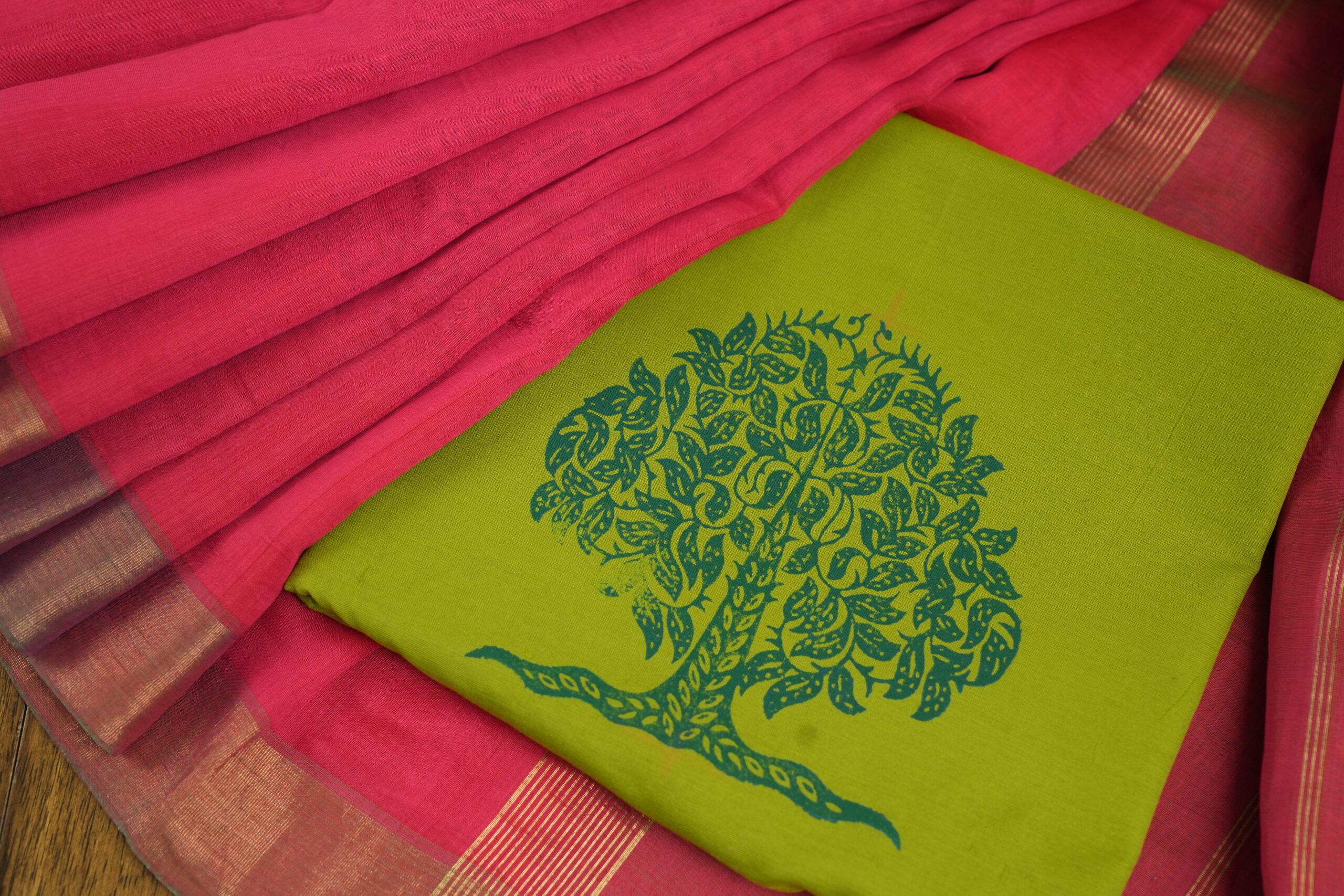 Tree of Life Blockprint on Green blouse 